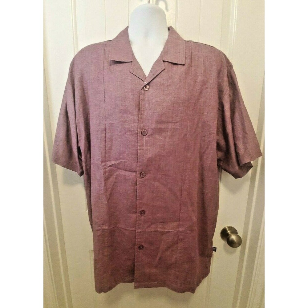 Mens Linen Blend Short Sleeves Button Front Shirt‎ Plum 2XL Summer Stacy Adams
